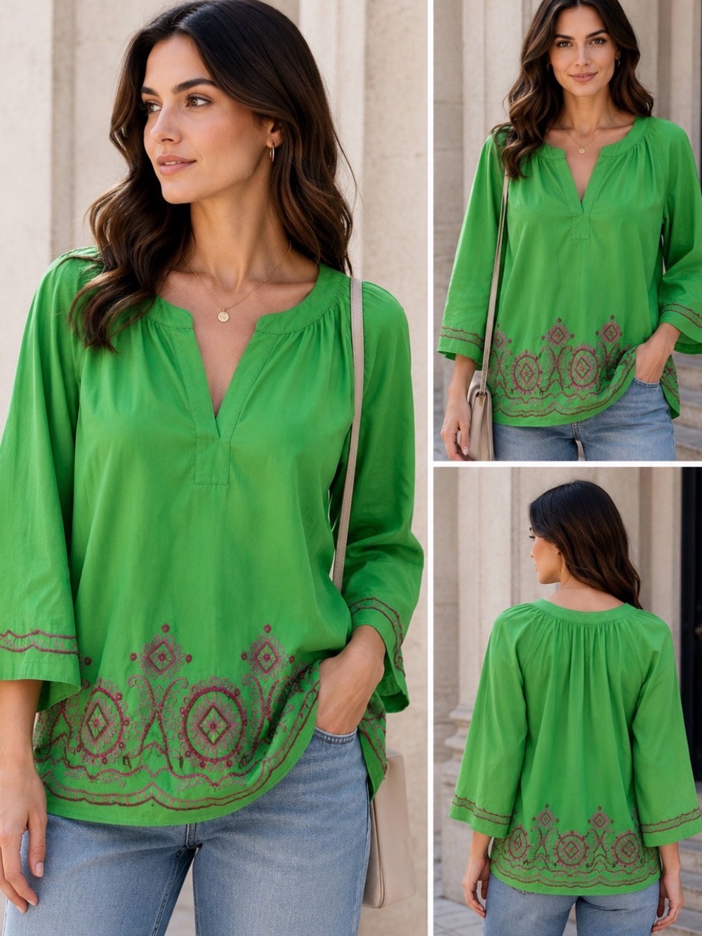 Crown & Ivy Petite XL Green Embroidered Cotton Tunic Blouse Boho Top